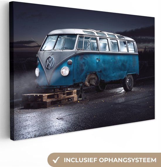 OneMillionCanvasses Canvas schilderij - Vintage Bus - Blauw - Nacht - 180x120 cm