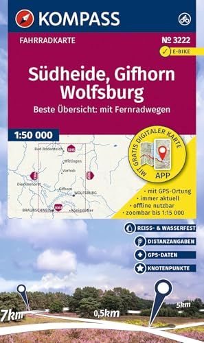 KOMPASS Fahrradkarte 3222 Südheide, Gifhorn, Wolfsburg mit Knotenpunkten 1:50.000: reiß- und wetterfest