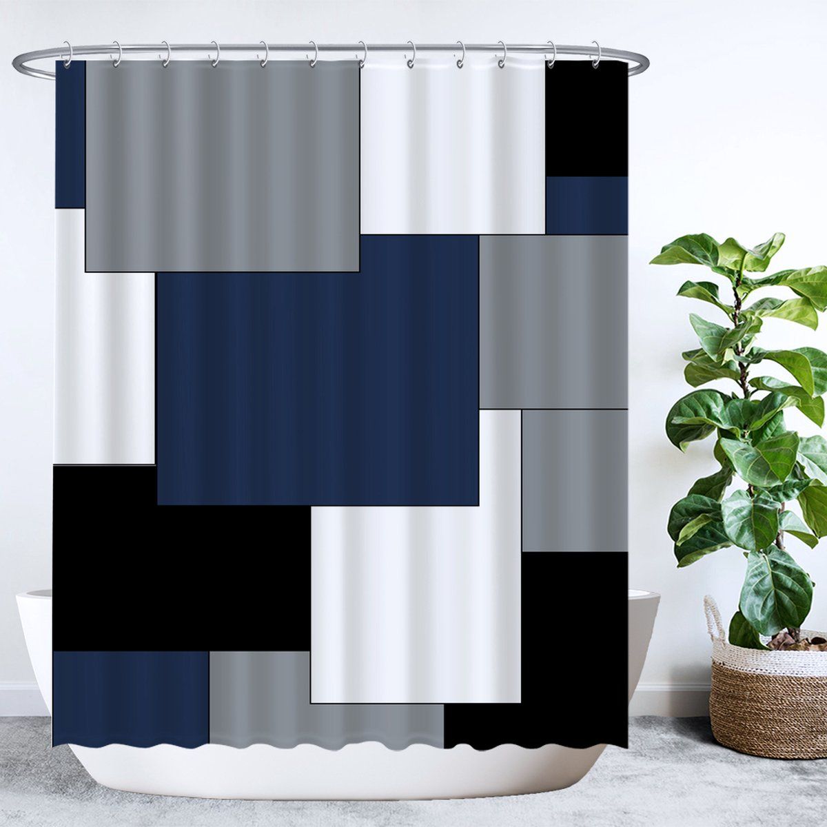 Ulticool Douchegordijn - Vierkant Rechthoek Blauw Zwart - 180 x 200 cm - Polyester - met 12 ringen