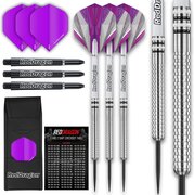 Red Dragon Raider 1: 23g Steel Tip Tungsten Darts Set - Purple Style Set of Professional Darts with Shafts (Stems), Flights and Checkout Card - Choice of Colour Available