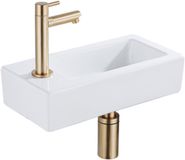 QeramiQ Fuente Fonteinset - 37.5x18.5x9cm - keramiek - kraangat links - fonteinkraan geborsteld messing - afvoerplug - verlaagd sifon - Glans wit