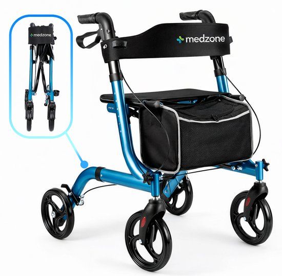 Medzone Rollator Lichtgewicht en Opvouwbaar - Zitfunctie - Binnen en Buiten - Rugleuning en Wandelstok Houder - Blauw