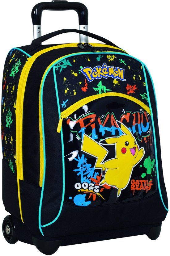 Seven Pokémon Big Trolley voor school, zwart, 2-in-1, dubbel gebruik, trolley en rugzak, basisschool, kinderen, Zwart, Eén maat, Casual