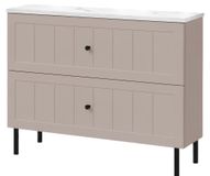 3xE living Armoire de salle de bain, modèle sur pied, 80 cm de large, avec façade nervurée de 19 mm, finition cachemire avec un plateau plat aspect marbre de couleur Bianco, poignées fraisées, pieds ronds de 15 cm, dimensions 80 x 46 cm
