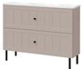 3xE living Armoire de salle de bain, modèle sur pied, 80 cm de large, avec façade nervurée de 19 mm, finition cachemire avec un plateau plat aspect marbre de couleur Bianco, poignées fraisées, pieds ronds de 15 cm, dimensions 80 x 46 cm