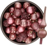 Bellatio Decorations Kaemingk B.V. Kerstversiering set - 38-dlg - oudroze - kunststof kerstballen en glazen piek