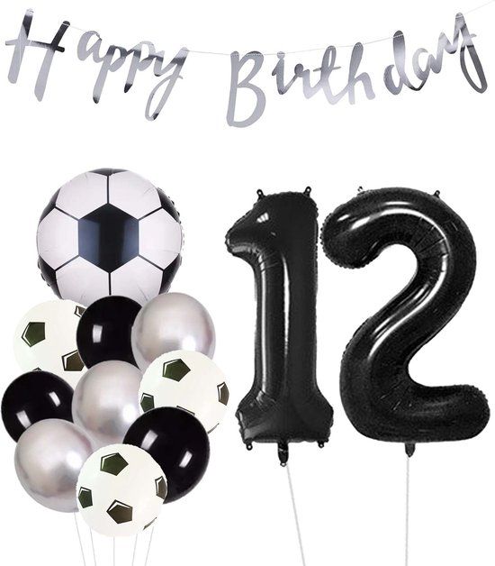 Snoes Cijfer Ballon 12 - Zilver en Zwart - Voetbal Thema - Ballonnen Pakket