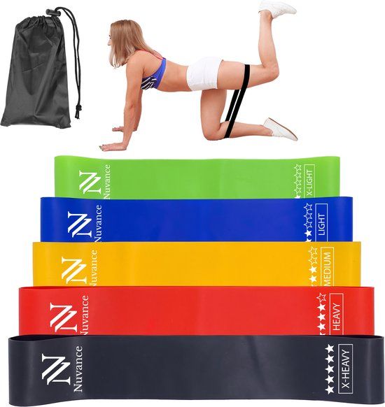 Nuvance Weerstandsbanden Set Incl. Draagtas - 5 Delige Set - Resistance Band - Fitness Elastiek - Incl. eBook - Diverse Kleuren
