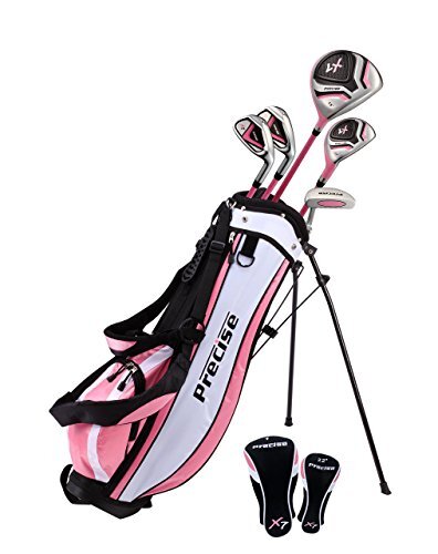 PRECISE Onderscheidende roze junior golfclubset voor meisjes van 3 tot 5 jaar (hoogte 3 'tot 3'8 inch), alleen linkshandig, set bestaat uit: bestuurder, hybride hout, 7-ijzer, putter, bonusstandaard en 2