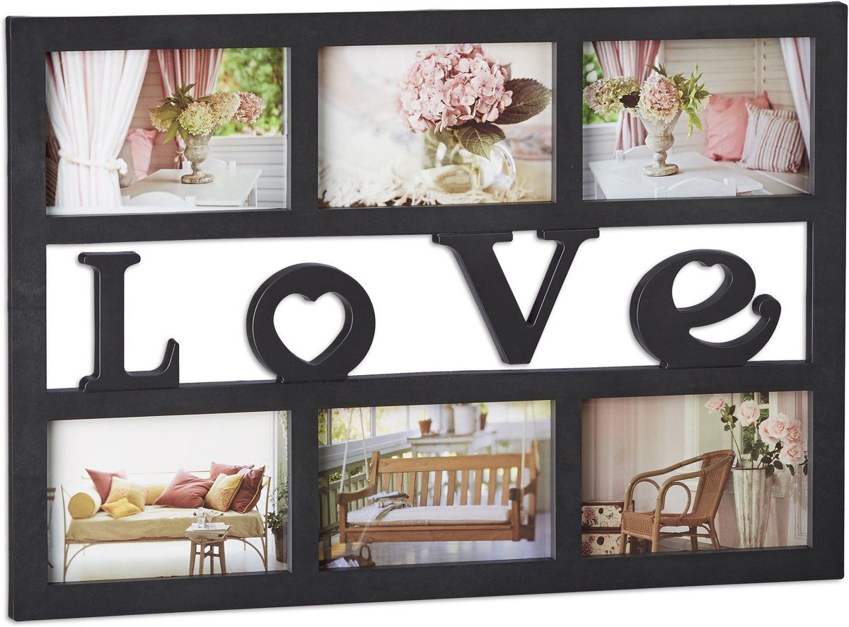 Relaxdays fotolijst love - galerielijst voor 6 foto's - kunststof collagelijst - liefde zwart