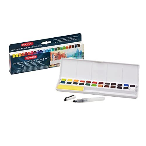 Derwent Inktense Permanente Studio Verfset, Bevat 24 Kleuren, Waterbrush en Spons, Verven, Ideaal voor Laagjes en voor Gebruik op Stof, Professionele Kwaliteit, 2305545