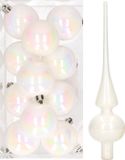 Decoris Kaemingk B.V. 12x Parelmoer witte kunststof kerstballen met glazen piek glans - Kerstversiering