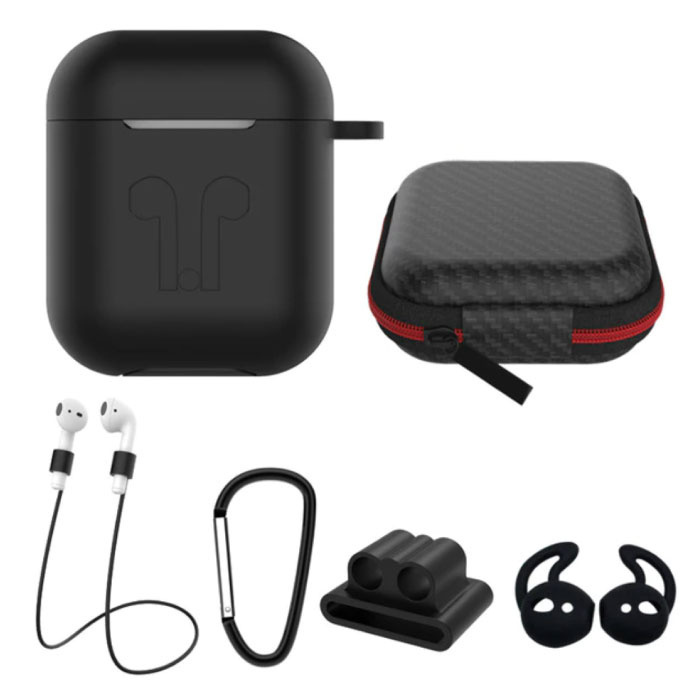 Stuff Certified 6 in 1 Kit voor AirPods 1 / 2 Zwart - Hoesje / Anti-Lost Strap / Karabijnhaak / Opbergdoosje / Draagband / 2x Stofkap