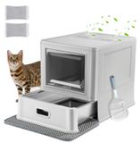 Merkloos Gesloten kattenbak kattentoilet - Roestvrij staal - Met lade en deksel - 38 x 41 x 51 cm - Zilver