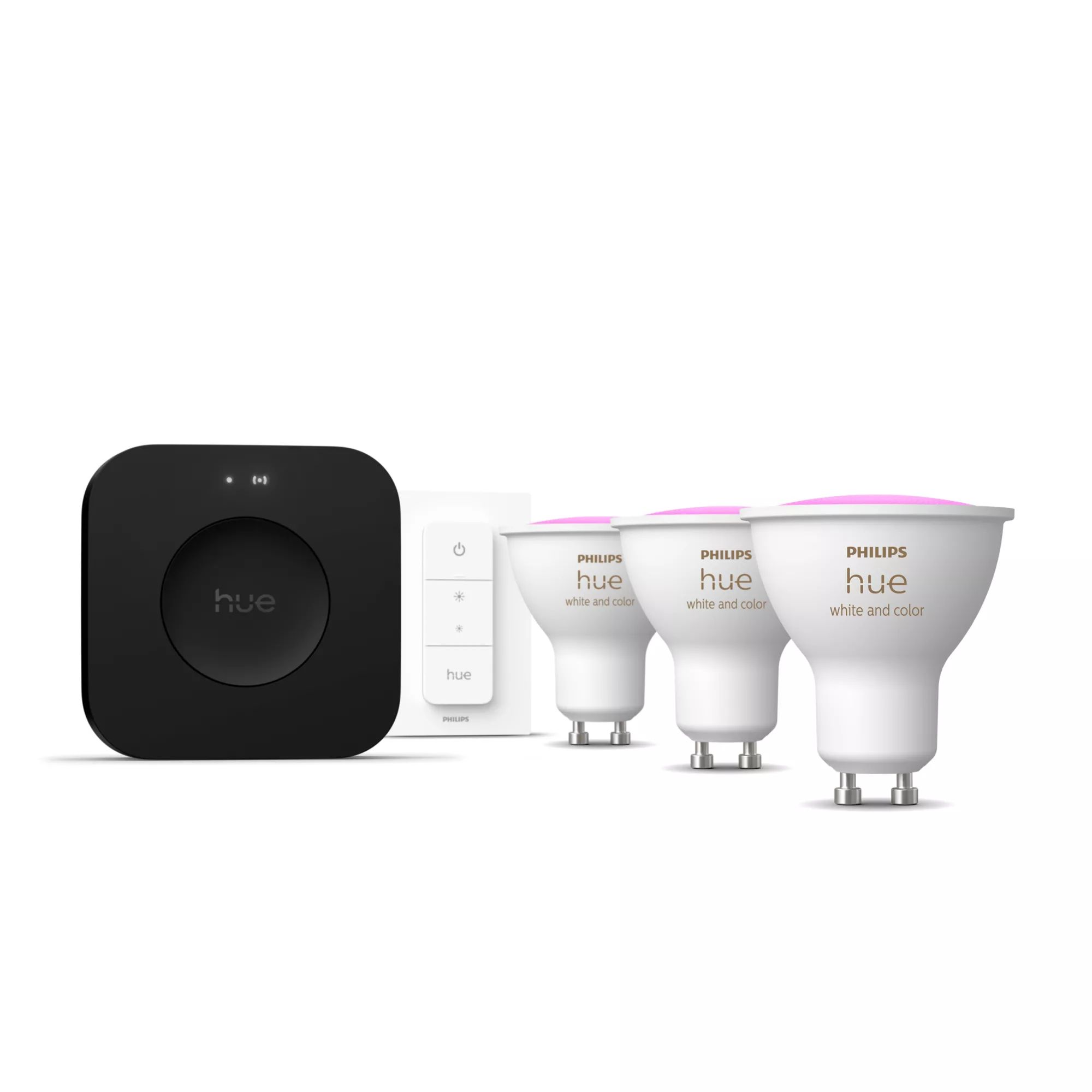 Philips Hue White & Color Ambiance Starterkit: 3 GU10 Lampen + Dimmer Switch + Bridge Pro