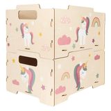 DALBER Speelgoedkist voor kinderen van hout, set van 2 opbergdozen voor speelgoed, stapelbaar, met handgrepen, aan beide zijden bruikbaar, opslag voor kinderkamer, speelgoedorganizer, eenhoorns