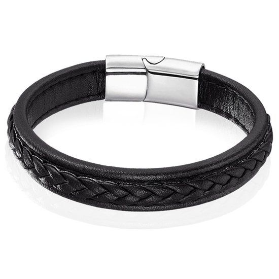 LGT JWLS LGT Jewels Heren Armband Zwart Leer Gevlochten Edelstaal Sluiting-21cm