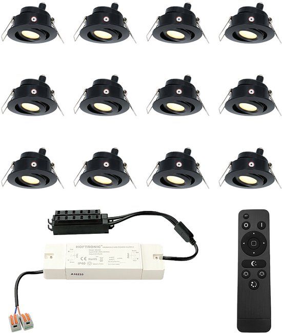 HOFTRONIC Sienna - Set van 12 LED Inbouwspots - Zwart - 12V - Dimbaar en Kantelbaar - IP44