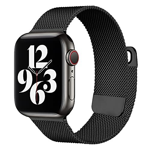 Mootes Compatibel met Apple Watch Band 45 mm 44 mm 42 mm 41 mm 40 mm 38 mm, roestvrijstalen mesh polsband voor magnetisch sluitsysteem voor iWatch Series 7/SE/6/5/4/3/2/1, Zwart, 42mm/44mm/45mm