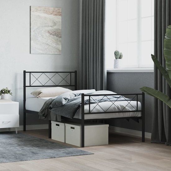 vidaXL Bedframe met hoofd- en voeteneinde metaal zwart 90x200 cm