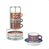 Omgoods - Set van 4 Kopjes Espresso Bohemian met Schotels