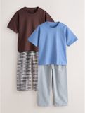 Next - Jongens - Set van 2 geweven pyjama's met lange pijpen en korte mouwen - Blue/Brown Check - Maat 170