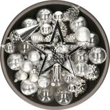 Decoris Kerstballen, Ornamenten en Piek Set - 60-delig - Zilver - Kunststof