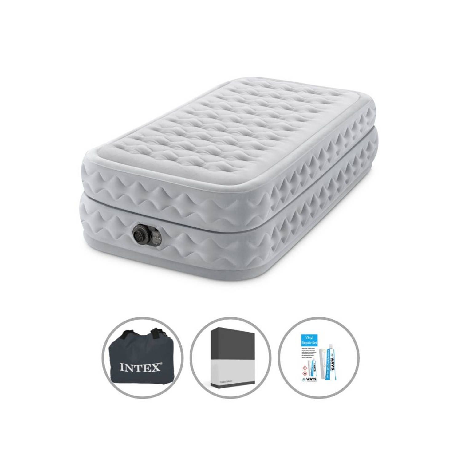 Intex Luchtbedset - 1-Persoons - 99 x 191 x 51 cm - Grijs - Met Ingebouwde pomp + Hoeslaken Zwart + Reparatieset