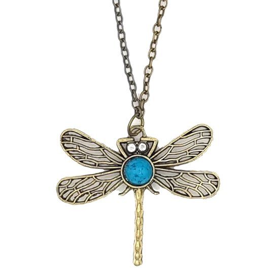 Miresa - Lange Ketting Met Libelle Hanger - Bronskleurig - Turkoois - 70 cm