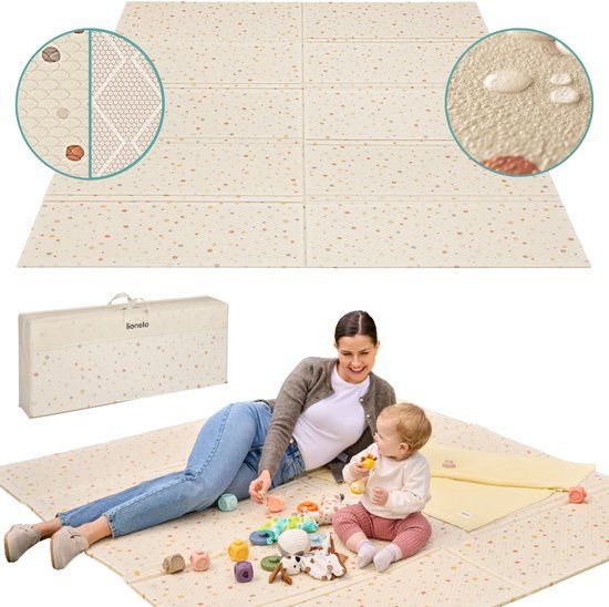 Lionelo Zora Speelmat Baby - Premium Foam Speelkleed 180x200x1.5 cm - Dikke Dubbelzijdige Kruipmat Antislip - Boho Beige Speeltapijt voor Woonkamer & Kinderkamer - Opvouwbaar + Opbergtas - Baby Speelgoed vanaf 0+ Maanden - Grote Speelmat voor Cadeau
