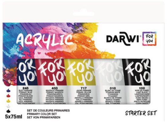 Darwi DFY Starterset Acrylverf primaire kleuren - 5 x 75 ml