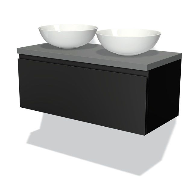 Maxaro Badkamermeubel Modulo Plato 100cm Mat Zwart 1 Lade Greeploos Middengrijs Blad