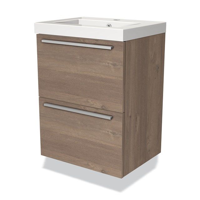 Maxaro Badkamermeubel 50cm Modulo Slim Middenbruin Eiken 2 Lades Vlak Wastafel Mineraalmarmer