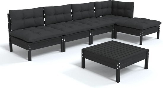 vidaXL 6-delige Loungeset met kussens grenenhout zwart