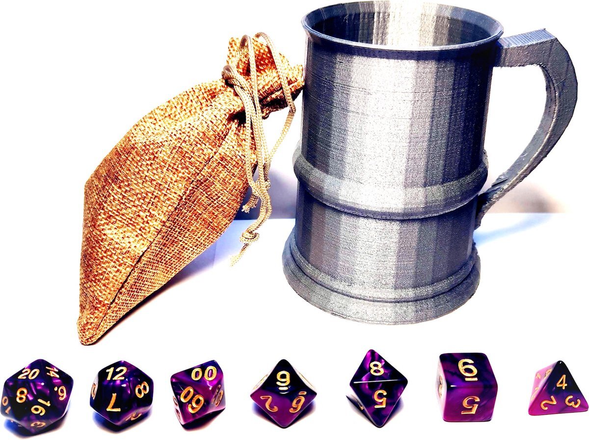 larpcenter.nl larpcenter - DnD dice set - middeleeuwse gezelschaps set - DnD dobbelstenen - paars zwart met shaker - Dungeons and Dragons - dobbelstenen