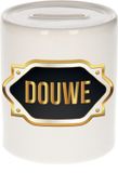 Bellatio Decorations Shoppartners Bv Spaarpot met voornaam Douwe - wit - met goud/zwart embleem - 8 x 9 cm - keramiek - met afsluitdop - cadeau verjaardag