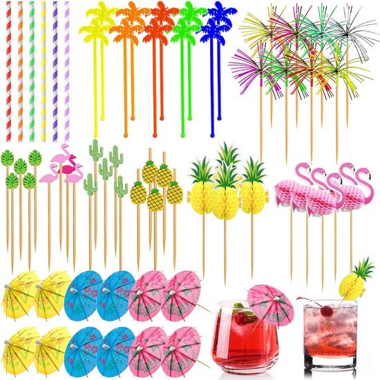 136 Stuks Cocktail Sticks Deco Set, Cocktail Feestdecoraties, Gemengde Colo Cocktail Paraplu's, Vuurwerkstokjes, Roerstokjes, Rietjes, Cocktail Accessoires Deco voor Drankjes Huwelijk Zomerfeest