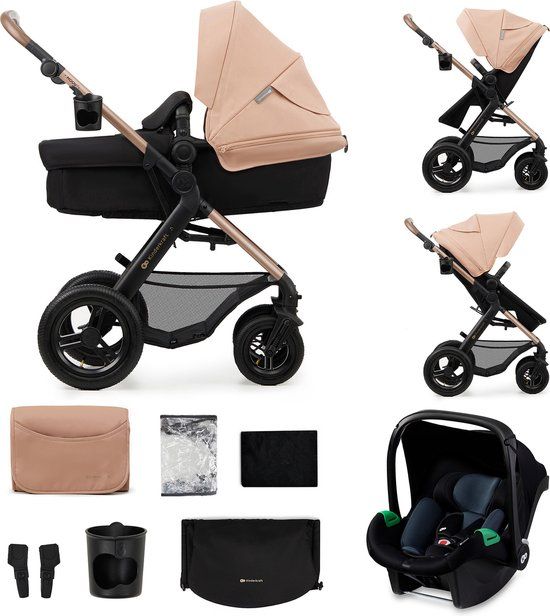 Kinderkraft MOOV 2 AIR 3-in-1 Kinderwagen – Grote Opblaasbare Wielen – Travel System met MINK PRO i-Size Autostoeltje – Beige