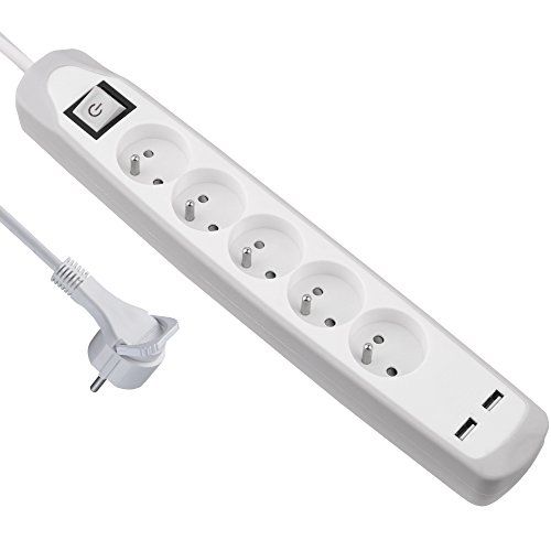 Electraline Rubbery 35607 Stekkerdoos met 5 stopcontacten en 2 USB – afdekking van siliconen met stootbescherming – kabel 2 m – platte stekker