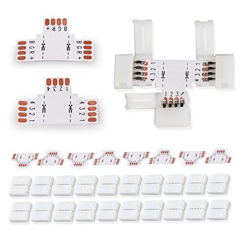 Sunity 20 stks 4-pins LED Strip Connector Clip voor Niet-Waterdichte 10 mm SMD5050 LED RGB Strip, met 8 stks 4-pins T-vorm 10 mm PCB Board Led Connector voor T-Vorm L-Vorm Led Strip Aansluiting