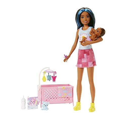 Barbie Pop en Accessoires, speelset met Skipper Friend pop, babypop met slaperige oogjes, meubels en accessoire met een thema, Babysitters Inc.? HJY34