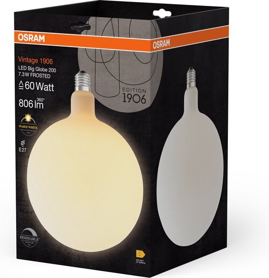 OSRAM Vintage 1906 Big Globe ist eine dimmbare Lampe mit LED-Technologie im dekorativen Glühwendel-Design. Sie bietet 7.3 W für 806 lm, E27 Fassung, Frosted Design, 200 mm Durchmesser, CRI 80.