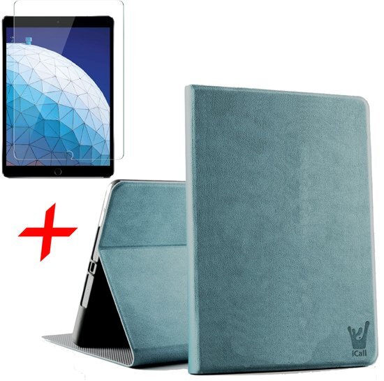 iCall Apple iPad Air 10.5 (2019) Hoes + Screenprotector - Canvas Eco Leer Smart Book Case Hoesje - - Blauw