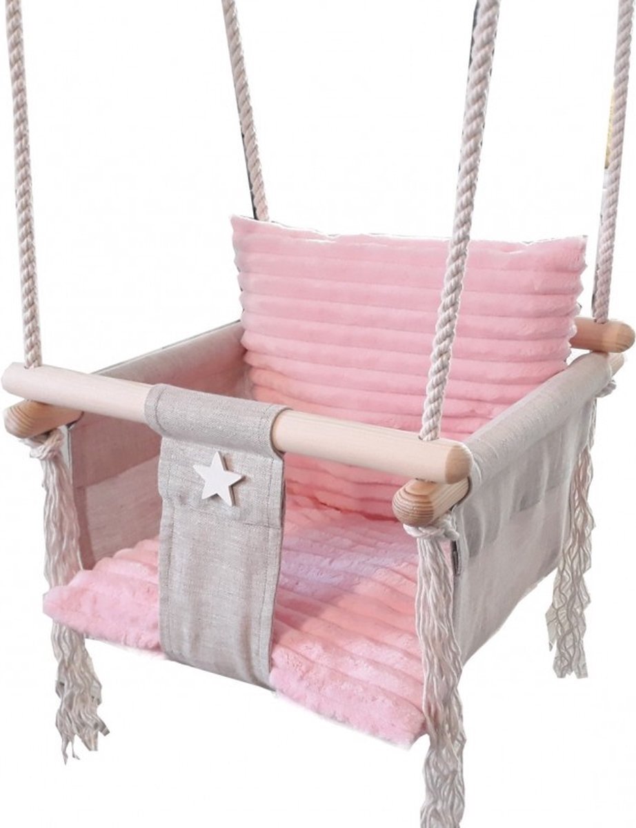 LoveGifts Luxe houten handgemaakte baby schommel en kinder schommel met roze kussen – Baby swing - Schommelstoel - Schommels - Roze kussen