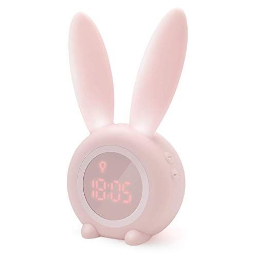 Homealexa Lichtwekker voor kinderen, schattige konijntjes kinderwekker, creatief nachtlampje, snooze-functie, tijdgestuurd nachtlampje, cadeau voor kinderen, meisjes (roze)