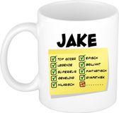 Bellatio Decorations Naam mok Jake - wit - top gozer - keramiek - 300 ml - cadeau collega beker