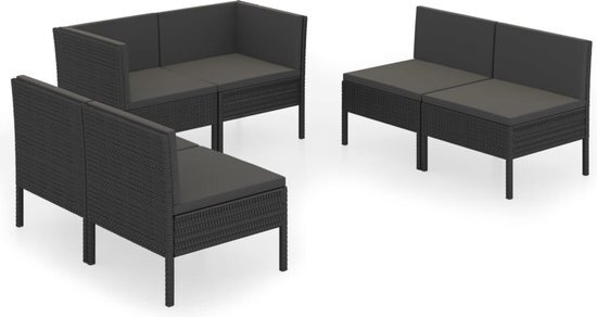 vidaXL 6-delige Loungeset met kussens poly rattan zwart