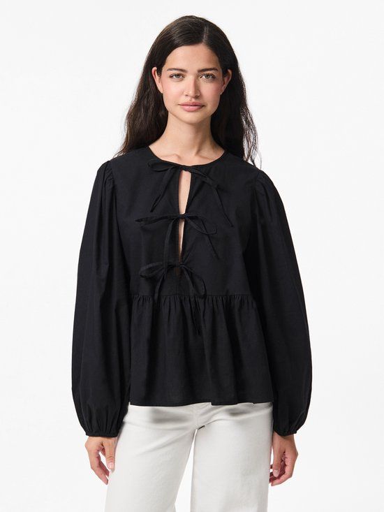 PIECES PCJOLLY LS O-NECK TIE TOP WVN NOOS BC - Dames - Blouses - Zwart - S