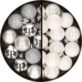Merkloos / Sans marque Kerstballen 34x st - 3 cm - zilver en parelmoer wit - kunststof