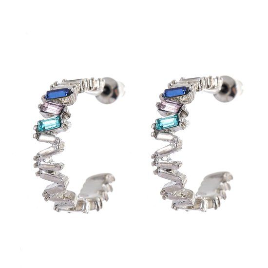 Emilie collection - Oorringen - Zilver - Gekleurde Steentjes - Zigzag - Staal - 2.5 cm